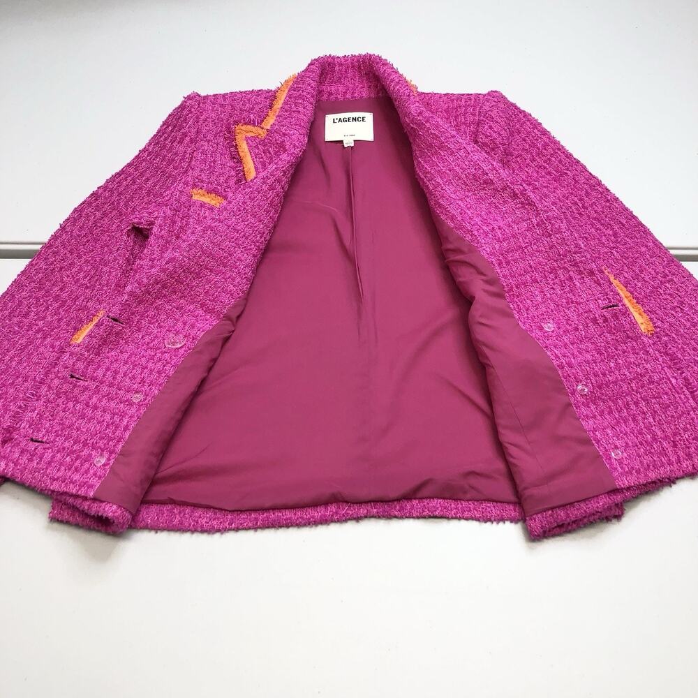 L'AGENCE Hot Pink Tweed Double-Breasted Blazer with Orange Trim - Picture 9 of 13